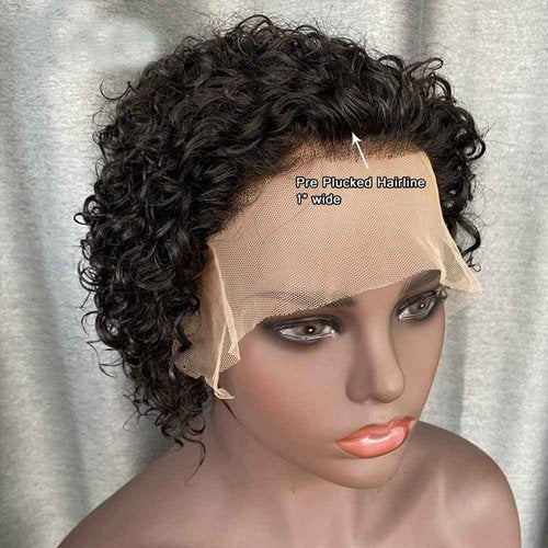 Pixie Cut Curly 13x1 Transparent HD Lace Front Wigs Human Hair Pre Plucked Hairline Short Curly Glueless Lace Front Wigs for Black Women Brazilian Virgin Hair 150% Density Natural Color 6 Inch