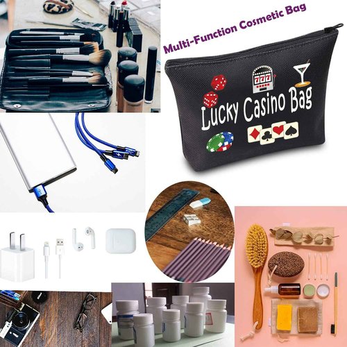 TSOTMO Casino Gamble Zipper Pouch Gift Lucky Casino Bag Gift For Gambler Casino Lover Gift Gambling Gift Slots Gift Dice Poker Chips Cosmetic Bag (Casino BLK)