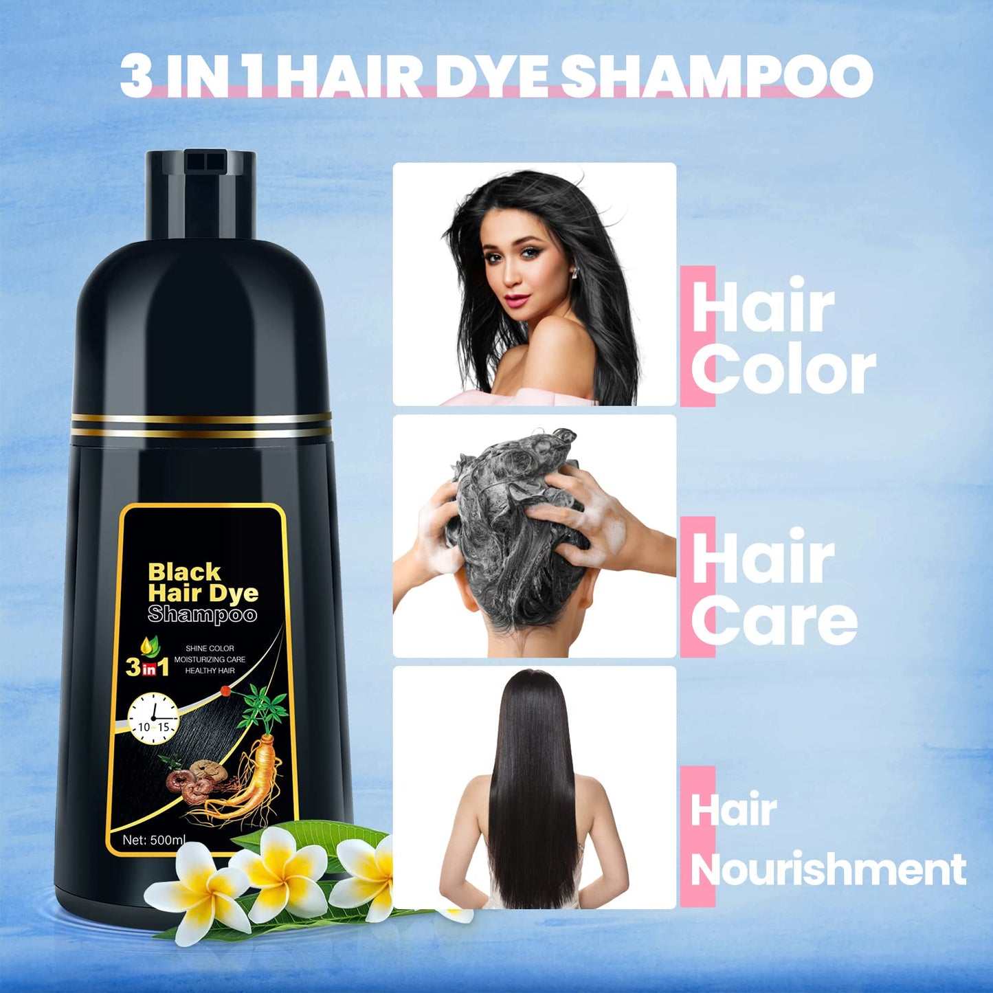 JUANCHI Hair Dye Shampoo 3 in 1 for Gray Hair, Hair Shampoo Organic Natural Hair Dye Shampoo for Women Men (Black)