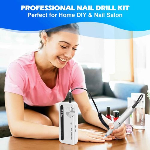 RALAMOND Professional Nail Drill, 35000RPM Electric Nail File, Rechargeable Cordless Machine, Nail Drill Kit with Bits, Portable Electric Nail Filer Manicure Pedicure (White)