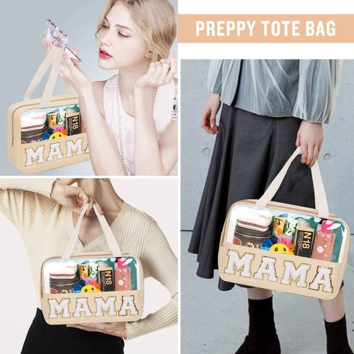Preppy Clear Mama Makeup Bags with Chenille Letter Patches, Travel Essentials Large Clear Make up Bag Zipper Pouch with Handle, Waterproof Nylon Cosmetic Toiletry Storage Tote for Women (MAMA-Beige)