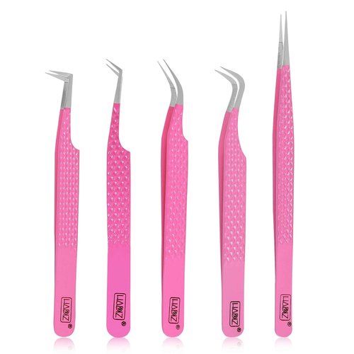 HADIZ Fiber Tip Eyelash Extension tweezers Lash Tweezer Japanese Steel set of five (Raspberry)