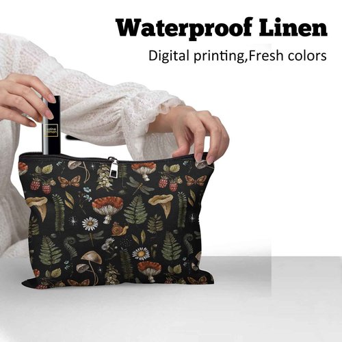 Cafl Vintage Woodland Makeup Bag Travel Large Mushroom Fern Cosmetic Bag Organizer toiletry Essentials Jewelry Skincare Zipper Bag For Women -10×8 inch