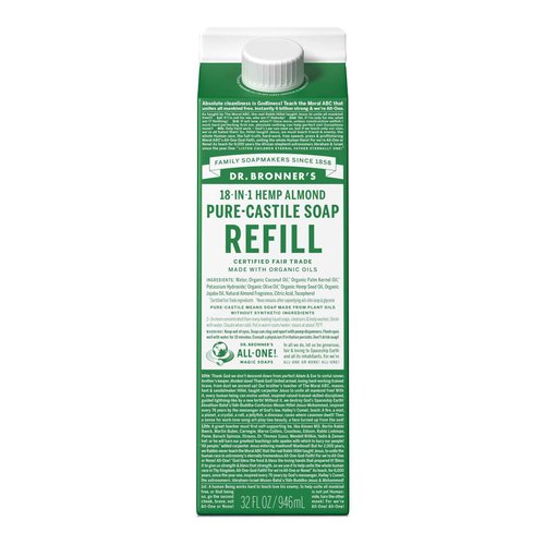 Dr. Bronner's - Pure-Castile Liquid Soap Refill, 82% Less Plastic per Quart, Made with Organic Oils, 18-in-1 Uses, For Face, Body, Hand Soap Refill, Hair, Laundry, Pets & Dishes (32oz, Almond)