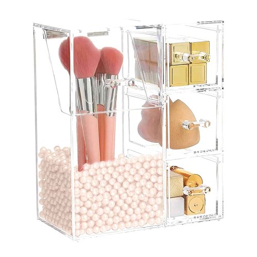 ShellKingdom Makeup Brush Holder,Clear Cosmetic Brushes Organizer With Drawer for Storage Brushes with Lid and Pearl for Dressing Tables and Vanity