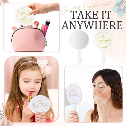 Threehoney 60 Pcs Small Handheld Mirror Bulk Inspirational Compact Portable Travel Makeup 3.94 x 2.16 Inch Mini Round Mirror with Handle Employee Appreciation Gifts for Women Coworker Friend(White)