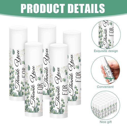 Heigble 50 Set Wedding Thank You Gifts, Thank You Lip Balm Bulk Retractable Ballpoint Pen Appreciation Card Organza Drawstring Gift Bag Bridal Shower Gift for Guest Wedding Party(Eucalyptus Leaf)