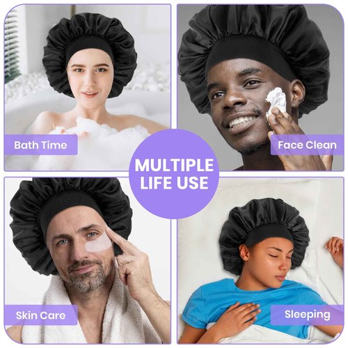 WLLHYF Silk Bonnet for Men, Satin Bonnet Double Layer Elastic Band Silk Sleep Cap Black Soft Adjustable Hair Cap Hair Wrap Large Bonnets for Women Sleeping
