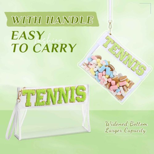 Remerry Clear Chenille Letter Makeup Bag Stand up Snack Bags Preppy Cosmetic Pouch Expandable Clear Travel with Wrist Strap Zipper Portable Multipurpose PVC Nylon for Women Travel(White,Tennis)