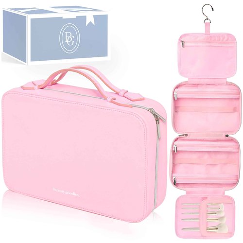 BEAUTYGOODIES Pink Hanging Toiletry Bag for Women, Travel Toiletry Bag for Makeup, Clear Bags for Easy Packing, Bag for Toiletries, Flight Curise Roadtrip Bag to Hold and Hang even at Home.