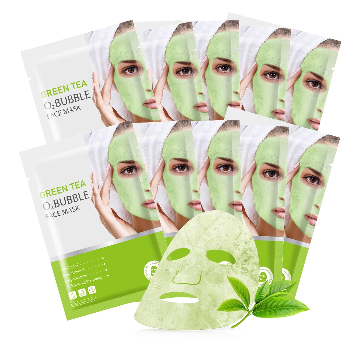 Tamoskiny Green Tea O2 Bubble Face Mask, 10 Pack, Skin Treatment Mask, Sheet Form, Deep Cleansing, Purifying, Moisturizing, Brightening