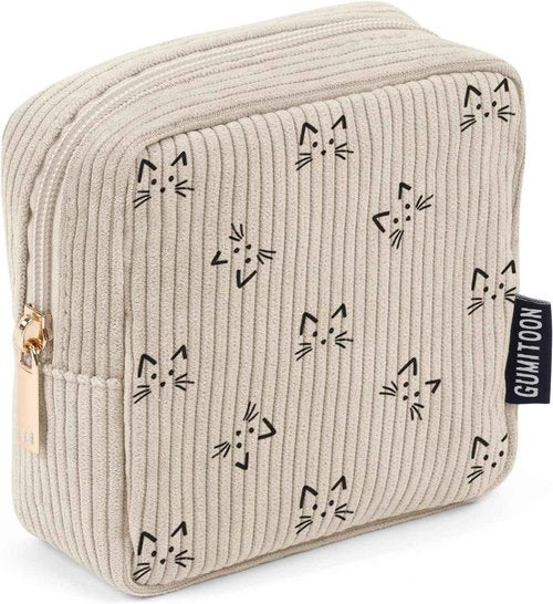 GUMITOON Small Makeup Bag Pouch for Purse Cute Cat Corduroy Mini Cosmetic Bag for Women with Slip-in Pockets Sanitary Napkin Pouch,Beige