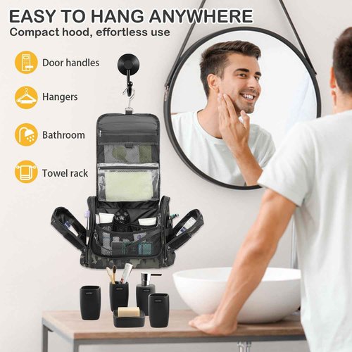 BISKLNDN Toiletry Bag for Men - Tactical Hanging Toiletry Travel Bag Shower Bathroom Organizer for Cosmetics/Shaving/Traveling Toiletries Kit, Portable Case with Handle & Swivel Hook, Black CM