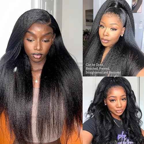 13x6 Lace Front Kinky Straight Wig HD Transparent Yaki Straight Frontal Closure Human Hair Wigs for Women 16Inch 180% Density Glueless Wig Pre Plucked With Baby Hair