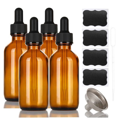 ALIFEIA 2 oz Amber Glass Dropper Bottles,4 Pack 60ml Empty Reusable Leak Proof Thick Tincture Bottles for Essential Oils,Hair Oil,Liquids,Laboratory,Pharmacist Bottle,Massage,Perfumery Aromatherapy