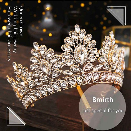 Bmirth Baroque Crown and Tiara Gold Crystal Pearl Bride Wedding Queen Crowns Decorative Princess Tiaras Rhinestone Hair Accessories for Women and Girls (L)
