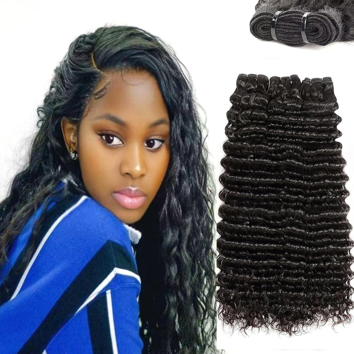 Deep Wave Human Hair Bundles Hair Bundles Wavy Deep Curly Human Hair Bundles Wet And Wavy Bundles Human Hair 3 Bundles Natural Black (Deep Wave, 12 14 16 Inch)