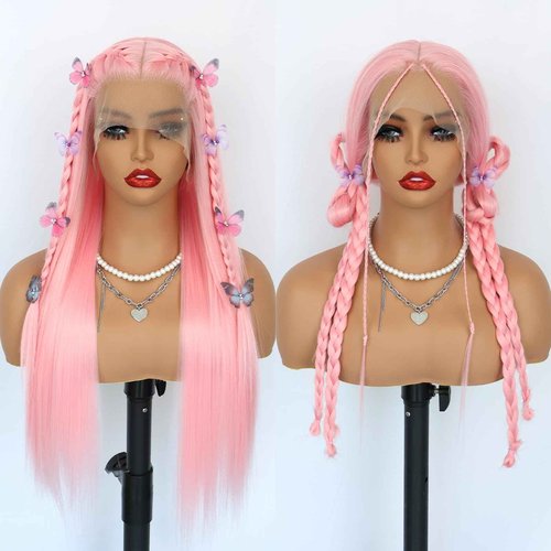 Oxeely Light Pink Synthetic Lace Front Wigs Long Straight Hair Pink Lace Wigs Natural Hairline Pre Plucked Glueless Synthetic Lace Wigs Heat Resistant Fiber Hair Light Pink Wigs for Women Daily Wear