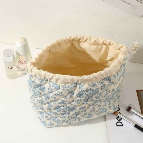 SURBEAV Aesthetic Cotton Quilted Drawstring Makeup Bag - Cute Travel Toiletry Organizer with Canvas Lining, Lightweight and Durable Cosmetic Pouch for Women Girls (Navy blue flower)