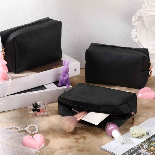 Gerrii 6 Pcs Preppy Patch Makeup Bag PU Leather Cosmetic Bag Waterproof Neat Travel Toiletry Pouch Portable Makeup Bag for Women Friends Cosmetic Organizer Travel Toiletry Pencil Case (Black)