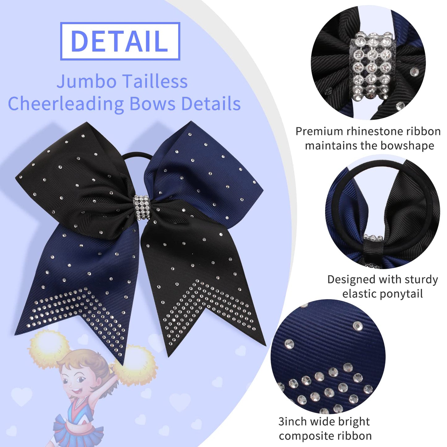 6PCS 8" Large Cheer Hair Bows Ponytail Holder, Rhinestones Cheerleader Bows with Elastic Band Hair Tie Handmade for Cheerleading Teen Girls College Sports (Black/Navy)