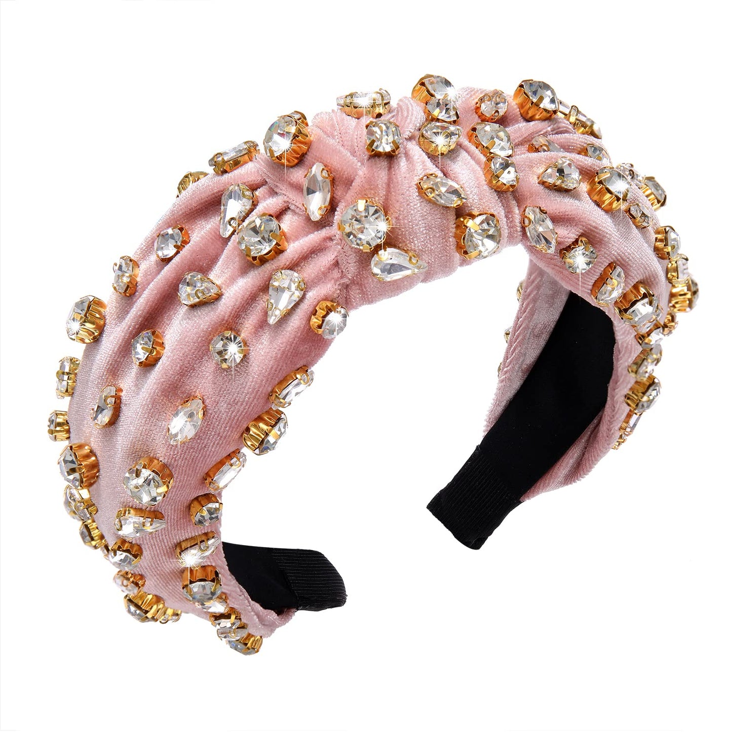 CENAPOG Rhinestone Knotted Headband for Women Sparkly Crystal Embellished Hairbands Twist Turban Headband Elastic Wide Velvet Hair Hoop Party Wedding Headwear for Girls (light-pink)