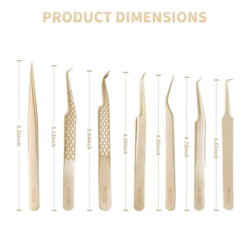 MGER Lash Tweezers for Eyelash Extensions,Diamond Grip 90 Degree Fiber Tip Volume Lash Extension Tweezers,Gold (7Pcs Tweezers Set)