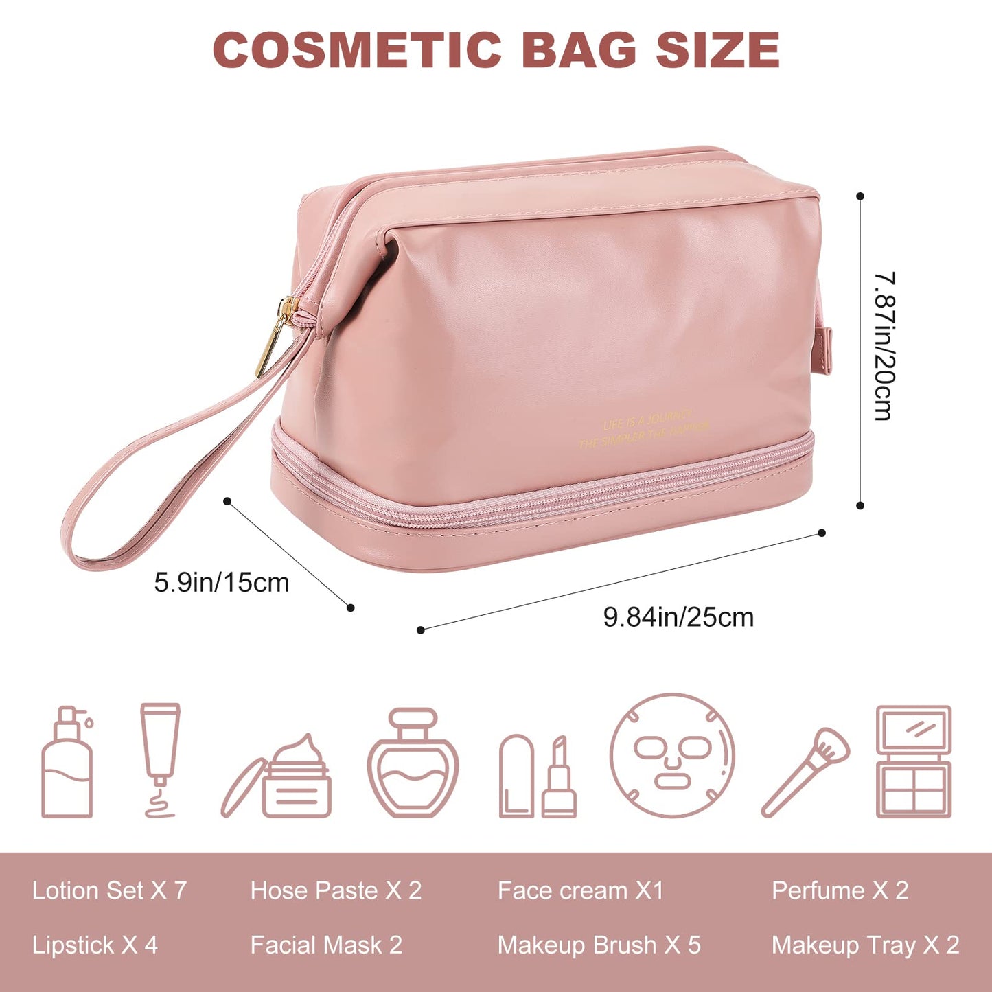 Cosmetic Travel Bag, Double Layer Cosmetic Bag, Large Makeup Bag, Travel Makeup Bag, Makeup Organizer Bag, Leather Cosmetic Bag, Waterproof Toiletry Bag for Women Girls (Pink)