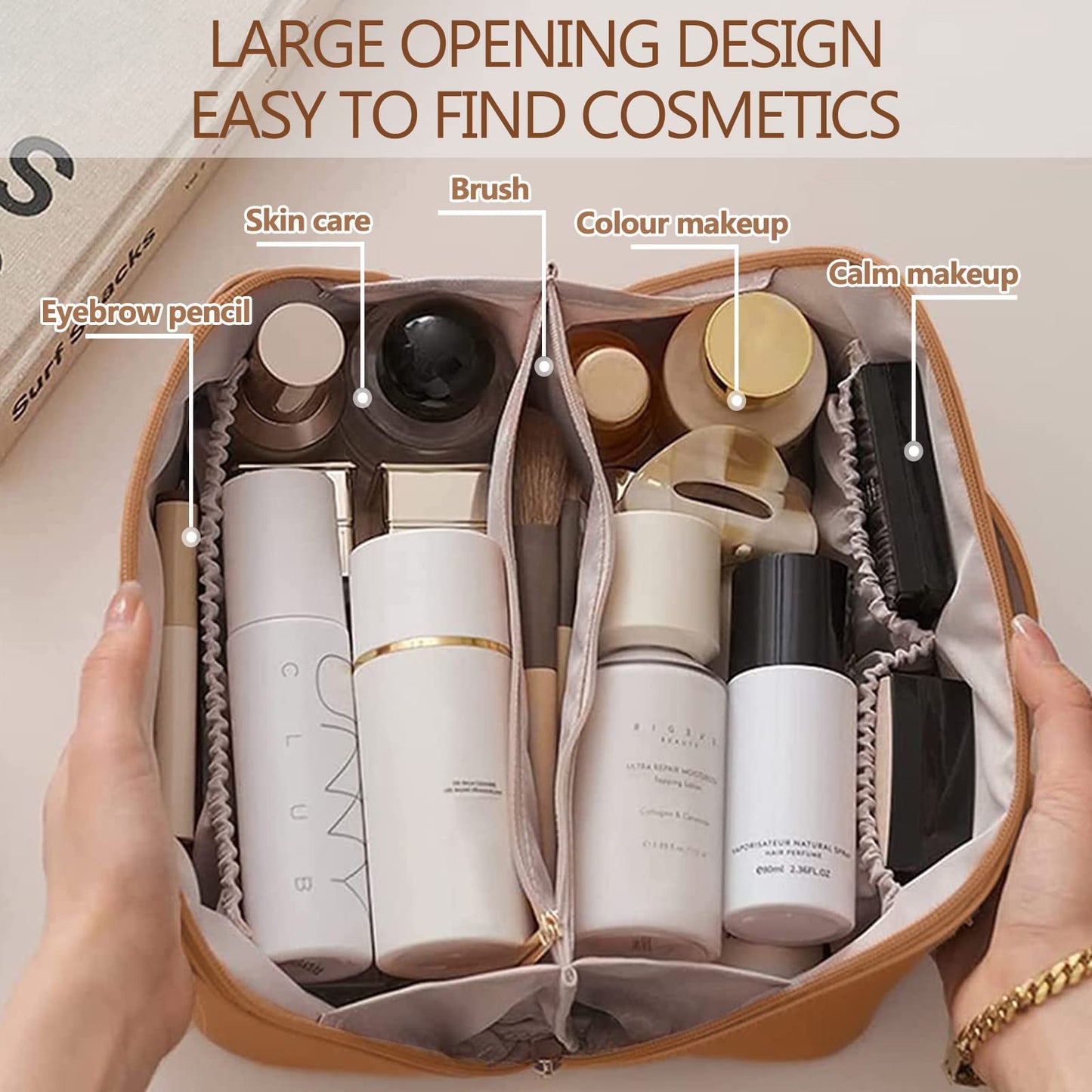 BAKLUCK Travel Makeup Bag Cosmetic Bag with Compartments Large Capacity Water Resistant PU Leather Makeup Bag Lay Flat Makeup Bag Portable Floral Makeup Bag for Women and Girl Caramel