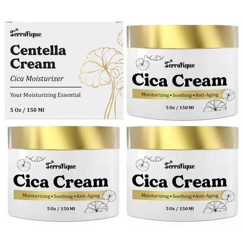 TERRAFIQUE Cica Cream for Women - Centella Asiatica Moisturizer - Anti Wrinkle Face Cream - Anti Aging, Hydrating, Moisturizing - 5 Oz / 150 Ml (3 Pack)