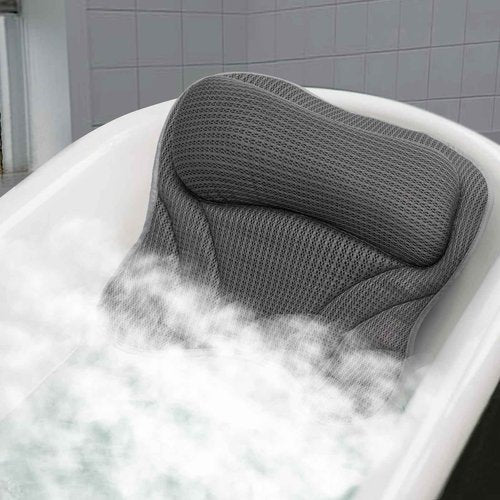 Bath Pillow Bathtub Pillow with Neck and Back Support, 6 Non-Slip Suction Cups and Soft Breathable Mesh Material Bath Pillows for Tub, Quick -Dry and Gray