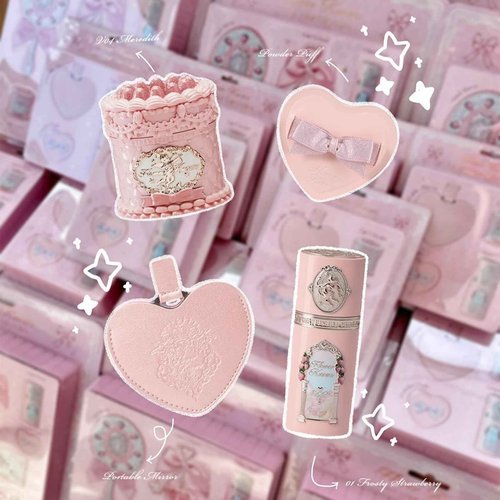 Flower Knows Strawberry Kiss Delight Set 4 Pieces Strawberry Cupid Makeup Gift Kit,Includes Lip Cream,Liquid Blush,Portable Mirror,Powder Puff,Portable Beauty for Women Girls(Strawberry Delight)