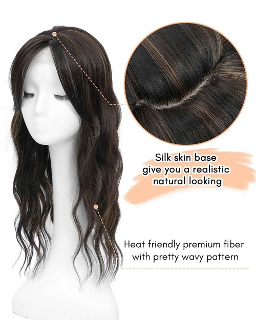 UDU Hair Topper 20inch Ombre Highlight Synthetic Wig Clip In Toppers with Fringe Bang for Women with Thinning Hair Adding Volume