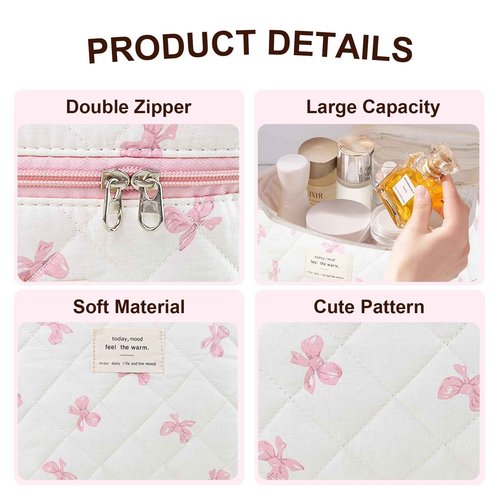 GISMTR Makeup Bag, Quilted Bow Cosmetic Bag, Large Travel Aesthetic Make up Bag, Cute Coquette Toiletry Bag for Women Girls