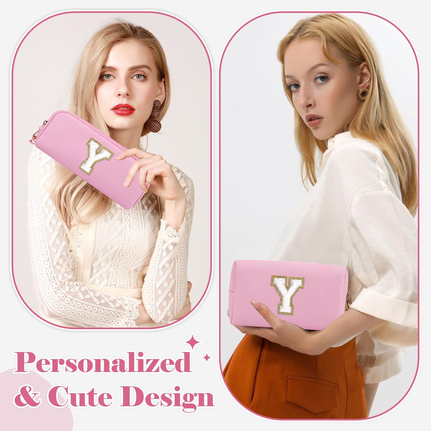 2Pack Personalized Initial Letter Patch Makeup Bag,Pink Preppy Cosmetic Bag with Small Makeup Brush Bag,Cute Waterproof PU Travel Toiletry Pouch,Gift Ideal for Her Birthday Friend Mom Teacher,Letter Y