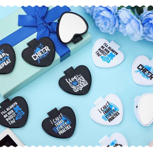 Threehoney 48 Pcs Cheerleader Mirror Gifts Bulk Cheerleading Compact Mirror Bulk Mini Heart Shaped Folding Pocket Makeup Purse Cheer Inspirational Cheer Gifts Party Favors for Team (Blue)
