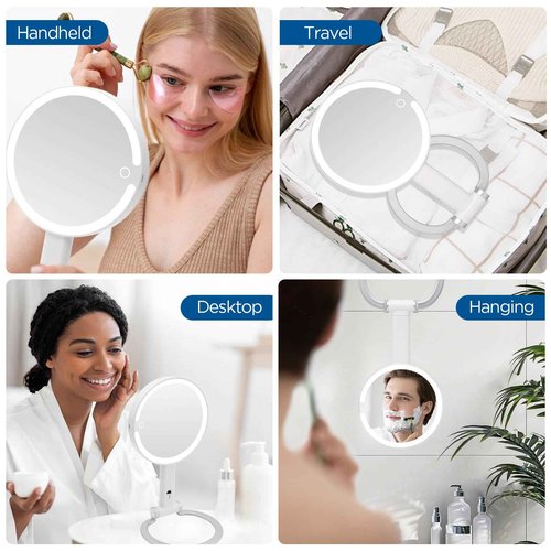 Magnifying Mirror with Light, Makeup Mirror with Lights and Adjustable Brightness, Hanging and Handheld Mirror with Handle, Travel Portable Lighted Makeup Mirror, 360°Rotation, Memory Function 1X/10X