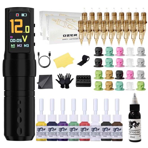 OZER Wireless Tattoo Pen Set 2000mAh Tattoo Gun Kit is Suitable for Professionals to Use It Contains 20 Tattoo Ink Cartridts 8 Colorants 1 Bottle of Black Ink and One Skin Care Practice Aaccessory