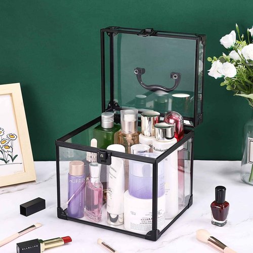 Noverlife Portable Crown Case for Pageants, 8x7x7.5inch Clear Makeup Tools Storage, Large Cosmetic Display, Travel Toiletry Organizer Train Box With Latches, Tiara Storage for Women