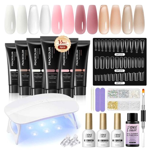 PEACECOLOR 24Pcs Poly Nail Gel Kit with U V light 6 Colors Clear Pink Nude Poly Nail Extension Gel with Glossy/Matte Top Coat Nail Rhinestones Starter Kit DIY Home Gifts for Women