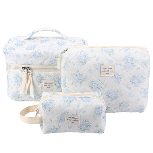 Lushandy 3 Pcs Floral Makeup Bag Quilted Cosmetic Bag Set for Women Cute Cotton Coquette Aesthetic Makeup Bag Large Travel Toiletry Organizer Bag