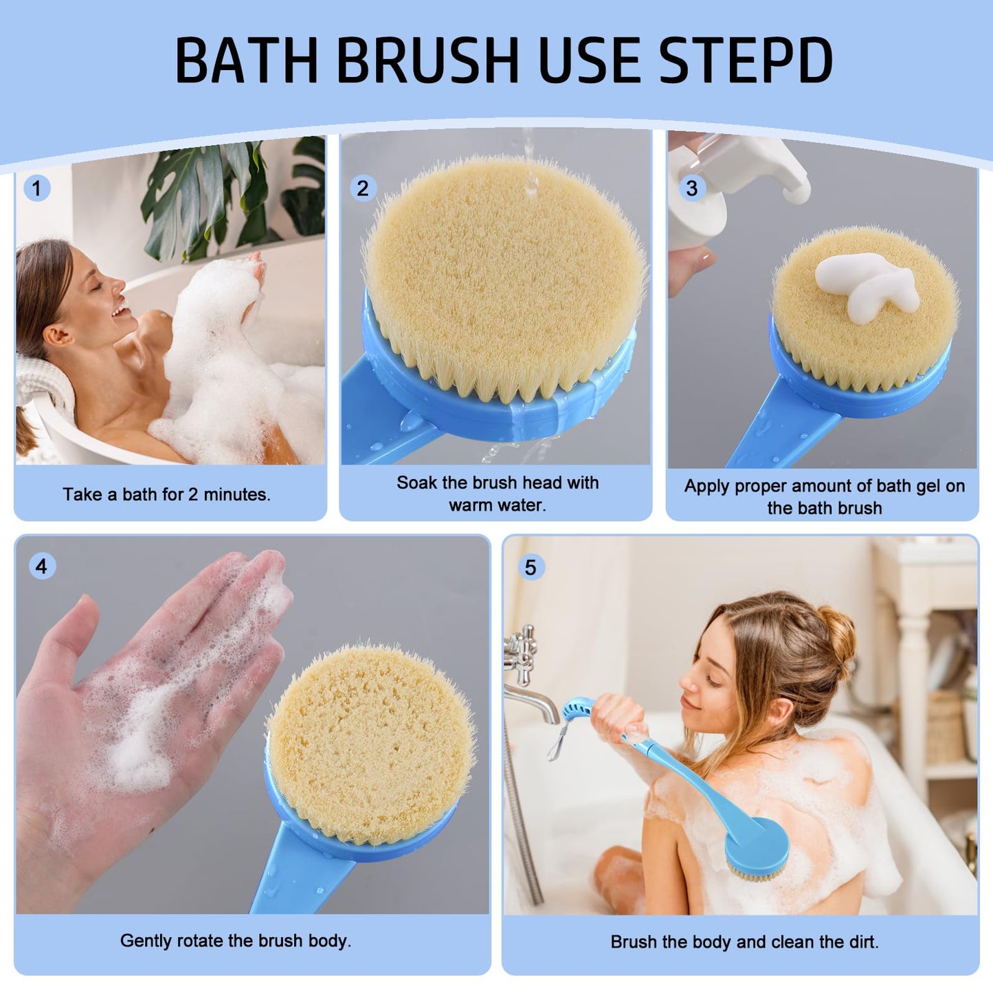 Back Scrubber for Shower, 20.5” Back Brush Long Handle for Shower, Detachable Body Exfoliator for Bath or Dry Brush for Elderly with Limited Arm Movement, Disabled (Blue)