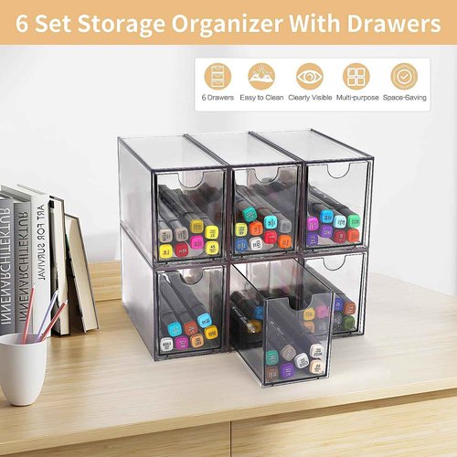 WUHUME Desk Organizer with Drawers, Stackable Plastic Storage Drawers for Makeup or Desk Organization, Cabinets for Office Dressing Countertop Bathroom Bedroom (6 Packs)
