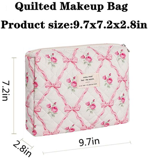 Dkieuyu Quilted Makeup Bag,Bow Makeup Bag,Cotton Makeup Bag Set for Women,Travel Makeup Bag,Large Toiletry Cosmetic Bag Makeup Bag Organizer for Women Girls (M5-1PC)