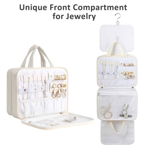 HBlife Travel Toiletry Bag with Jewelry Organizer for Women, Puffy Hanging Travel Bag for Toiletries with Trolley Belt, Waterproof Makeup Cosmetic Bag, Travel Accessories Essentials(Beige, L)