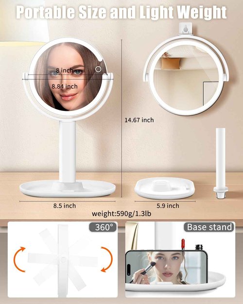 15X Magnifying Makeup Mirror with Lights, Double Sided 360° Rotation Vanity Desk Mirror with Magnification Rechargeable 3 Color Lights and Adjustable Brightness Stand for Dressing Table,Bedroom