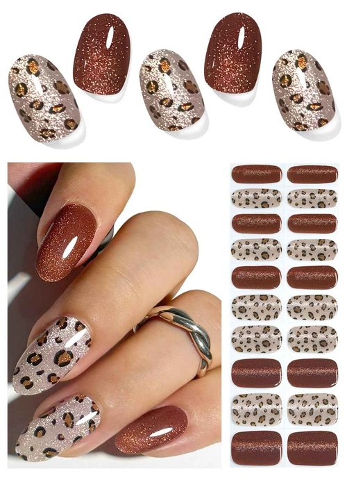 Semi Cured Gel Nail Strips, Leopard Print,Cat Eye 20pcs Adhesive UV Sticker, Wraps for Home Manicure DIY