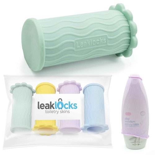 LeakLocks® Toiletry Skins™ Elastic Sleeve for Leak Proofing Travel Container in Luggage. For Standard and Travel Sized Toiletries. Reusable Accessory for Travel Bag Suitcase and Carry-on Luggage