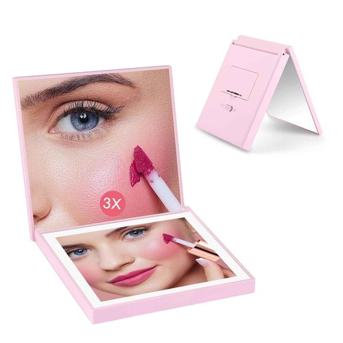 ALLROSE Compact Mirror, 1X/3X Magnifying Travel Mirror with Light Small Purse Mirror Pocket Mirror for Makeup, Mini LED Portable Handheld Makeup Mirror Travel Essentials Gifts for Women Girls, Pink