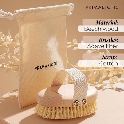 Primabiotic Body Massage Brush with Pouch – Eco-Friendly Product from Europe – Beech Wood & Agave Fibers – Oval Handle with Cotton Strap – Ideal for Dry Massage and Cellulite Reduction